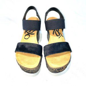 OTBT Bushnell Wedge Sandal with Calf Hair, Black, Leather, Women's Size 8M